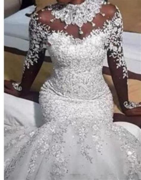 Bling Bling Satin Mermaid Wedding Dress With Crystals Beaded Sheer Lon