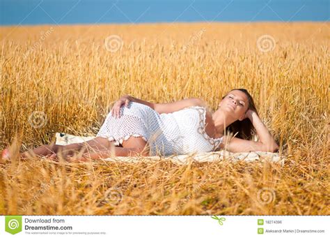 Beautiful Woman Posing In Wheat Field Picnic Stock Photo Image Of