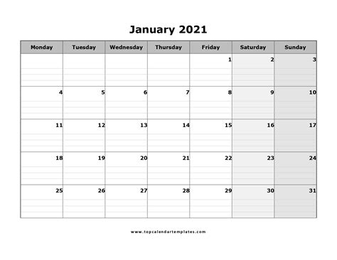 Free January 2021 Calendar Printable Monthly Template