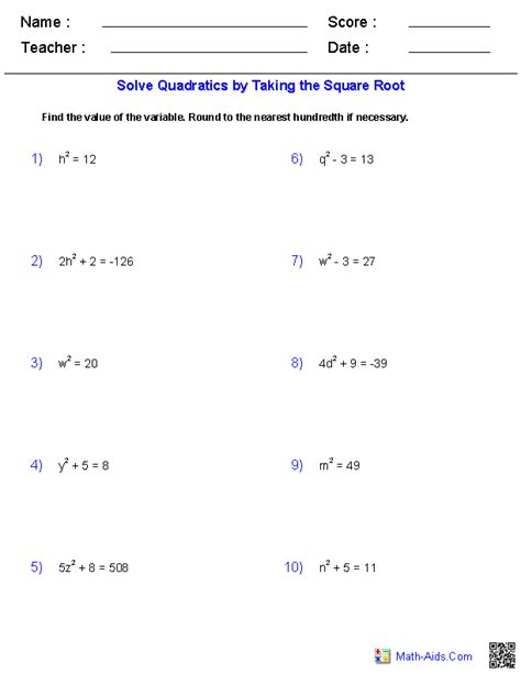 Solving Quadratic Equations Worksheet Answers