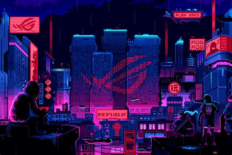 Asus Rog Republic Of Gamers 8 Bit Pixel City 4k Wallpaper Download