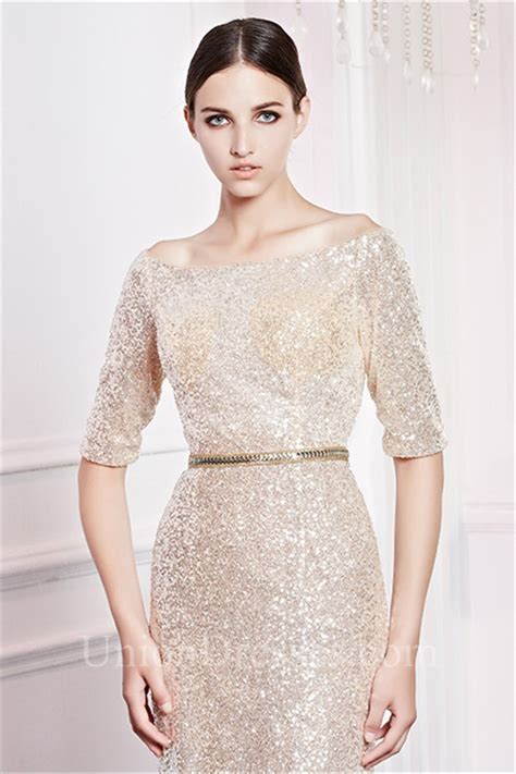 Sexy Off The Shoulder Champagne Sequin Evening Prom Dress With Sleeves