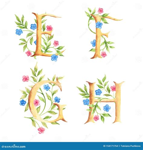Hand Drawn Watercolor Alphabet With Flowers Monograms Stock