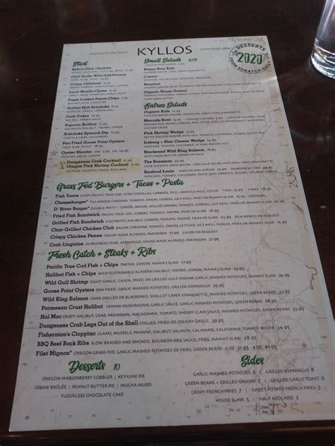 Menu at Kyllo’s Seafood & Grill restaurant, Lincoln City