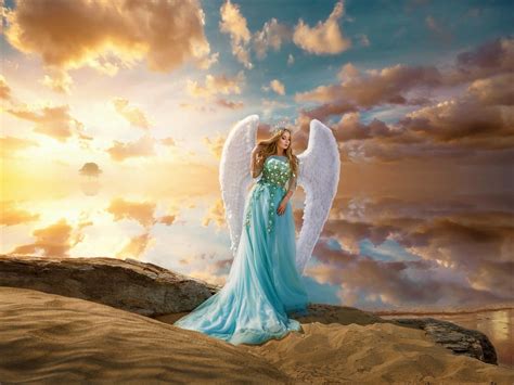download crown sand cloud blue dress wings blonde fantasy angel hd wallpaper
