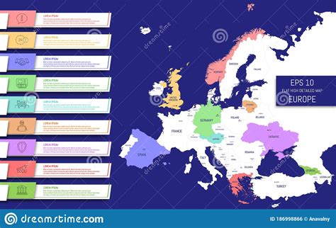 Flat High Detailed Europe Map Capitals And Country Names Divided Into
