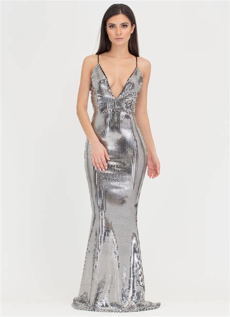 Glisten Closely Plunging Maxi Dress Silver Plunge Maxi Dress Silver