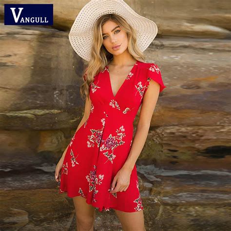 Women Summer Dress V Neck Vintage Boho Mini Maxi Floral National Dress Chiffon Beach Dress