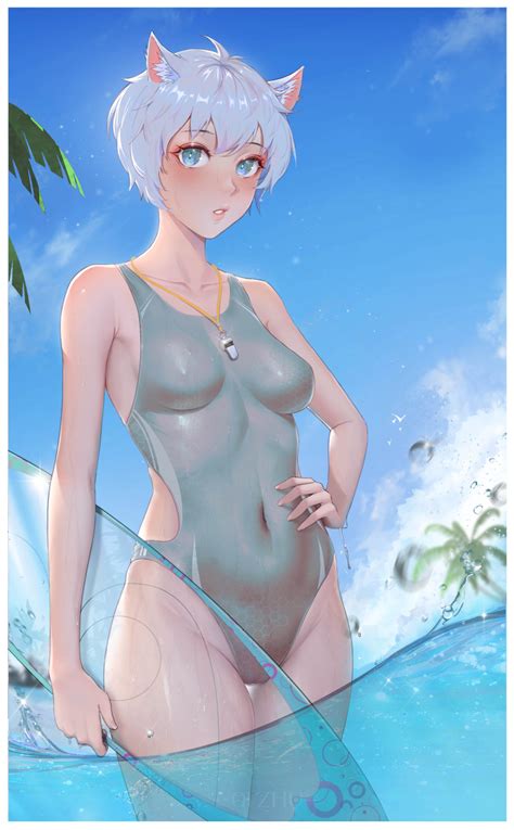 Rule 34 Beach Belly Button Blue Eyes Blush Breasts Cameltoe Furry Ears Lifeguard Looking At