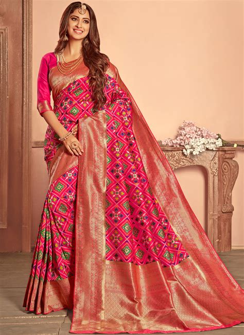 shop patola silk hot pink weaving traditional designer saree online 92216 saree
