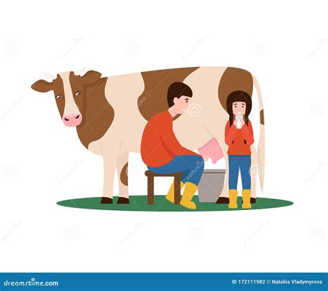 Man Milks A Cow Girl Drinks Milk Isolated Stock Vector Illustration Of Mammal Icon 172111982