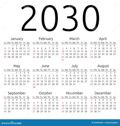 Calendrier 2030 Dimanche De Vecteur Illustration De Vecteur