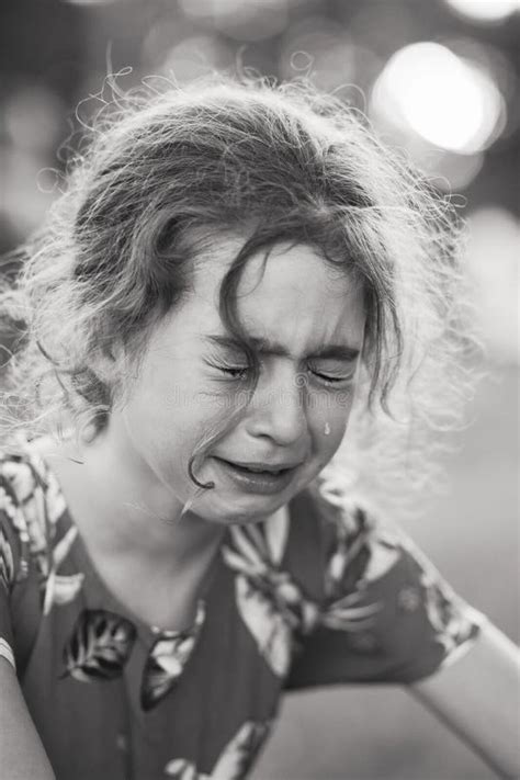 Black And White Portrait Of Crying Sad Little Girl Stock Photo Image