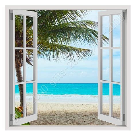 Palm On The Beach By Fake 3d Window Canvas Rolled Wall Art Giclee
