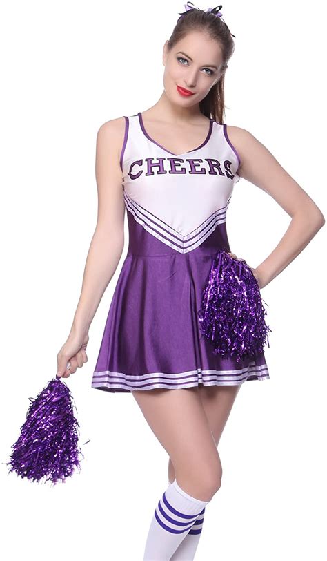 Ladies High School Cheer Girl Uniform Cheerleader Fancy Dress Costume Outfit W Pompoms Purple