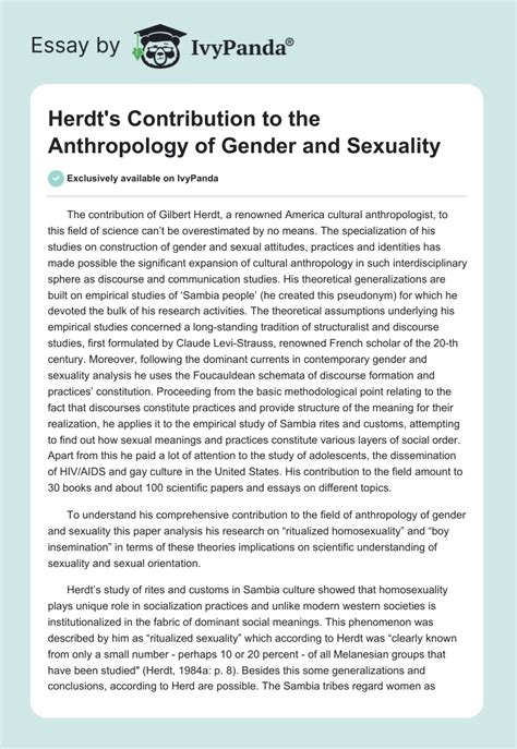 Herdt S Contribution To The Anthropology Of Gender And Sexuality 804 Words Critical Writing