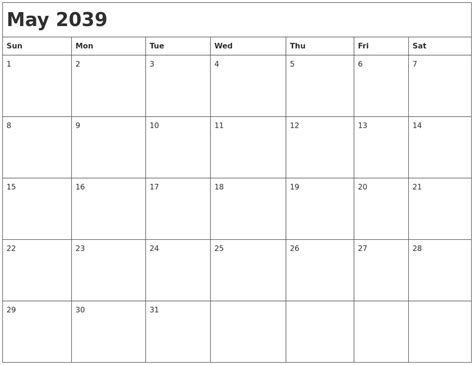May 2039 Month Calendar