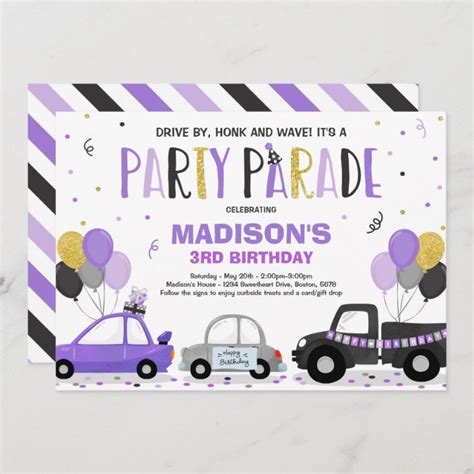 Drive By Birthday Parade Invitation Purple Parade Zazzle