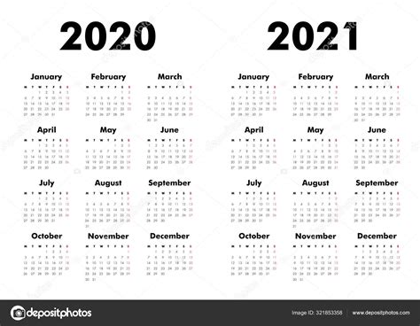 Vector Calendar 2020 2021 Years Week Starts Monday Stationery Calender