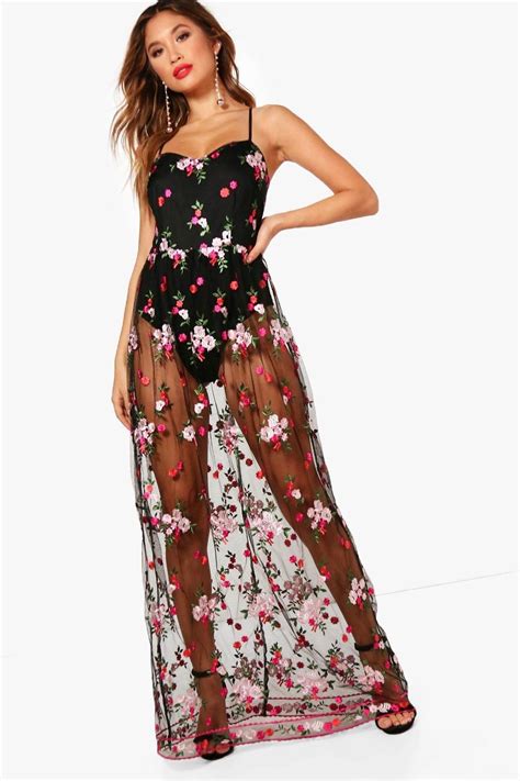 Embroidered Mesh Strappy Maxi Dress Tenue Stylée Tenue Robe