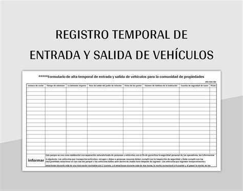 Plantilla De Excel Registro Temporal De Entrada Y Salida De Vehículos Y Hoja De Cálculo De