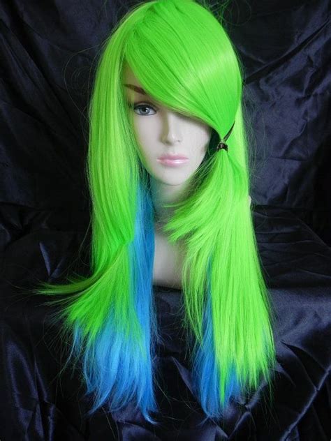 Lime Green And Teal Blue Long Straight Layered Wig By Exandoh Hair