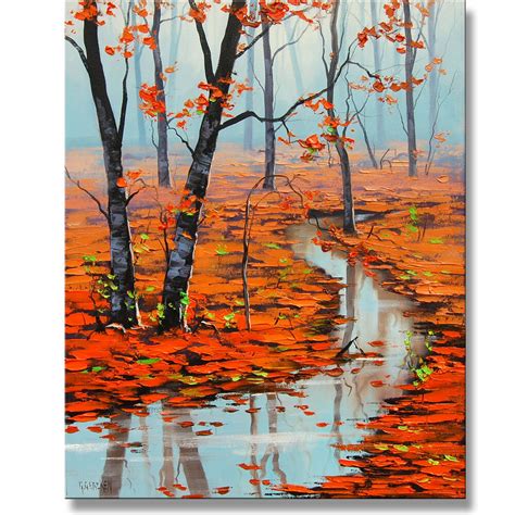 Red Autumn Trees Palette Knife Landscape Impressionism