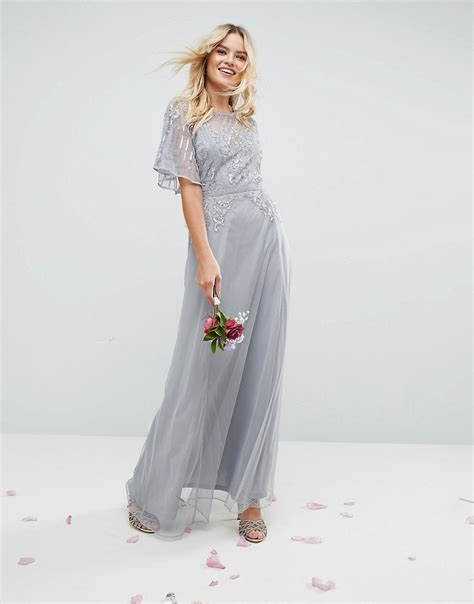 Asos Wedding Embellished Lace Insert Flutter Sleeve Maxi Dress