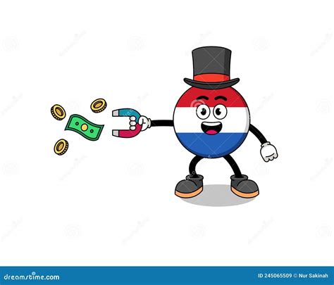Character Illustration Of Netherlands Flag Catching Money With A Magnet