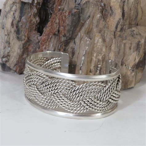 Heavy Sterling Silver Cuff Bracelet Braided Woven Mexico Marked 925  Vintage Sterling