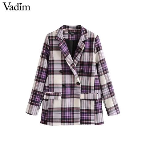 Vadim Vintage Plaid Double Breasted Blazer Pockets Long Sleeve