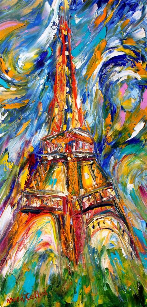 Eiffel Tower Starry Night Abstract Painting In Oil Palette Knife
