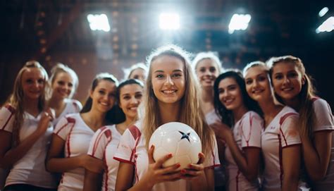 premium ai image happy women in volleyball wear posing on the volleyball court before the