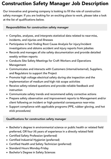 Construction Safety Manager Job Description Velvet Jobs