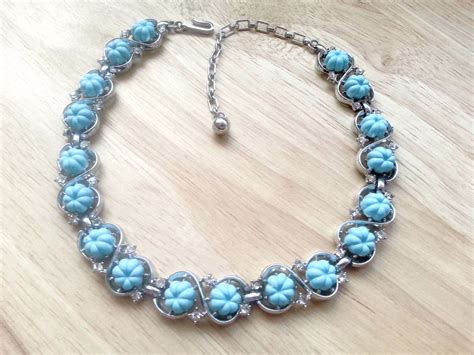 Trifari Turquoise Blue And Silver Crystal Accent Choker Etsy