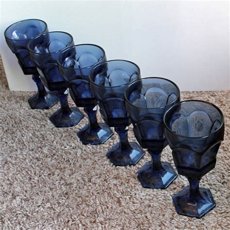 Vintage Fostoria Virginia Blue Glass 6 Wine Glass 6 Oz Goblet Set Of 6 Cobalt Blue Glasses With