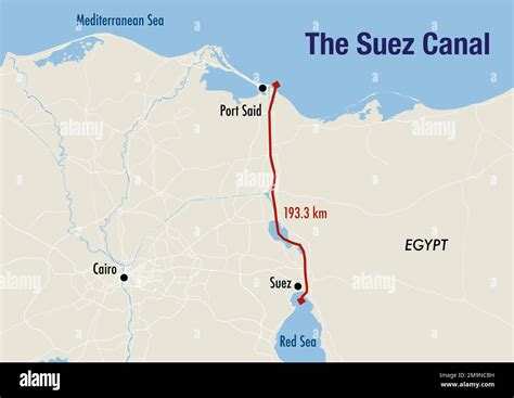 mappa del canale di suez che illustra il percorso dal mediterraneo al mar rosso foto stock alamy