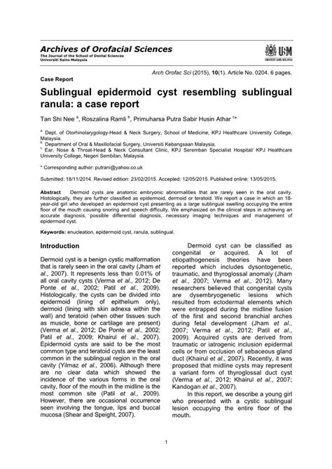 Sublingual Epidermoid Cyst Resembling Sublingual Ranula A Case Report