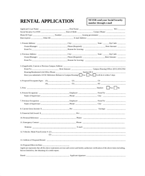 sample rental application forms   ms word