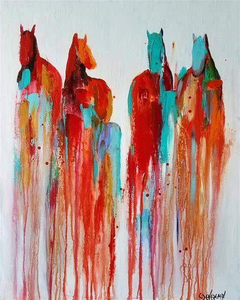 Abstract Horse Art Colorful Painting Of Three Horses