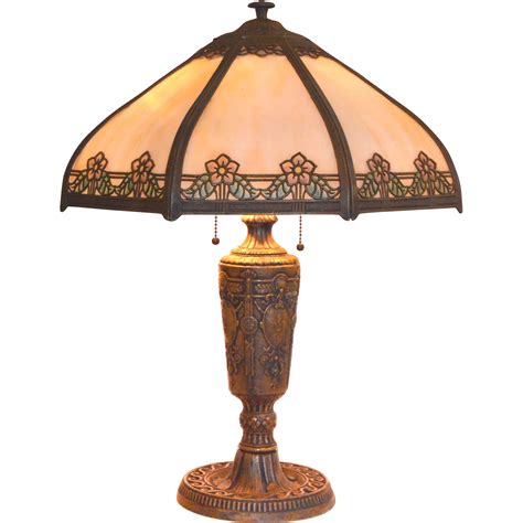 Slag Glass Panel Lamp With Painted Shade Accents From