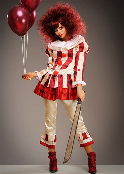 Womens Halloween Red Striped Killer Clown Costume