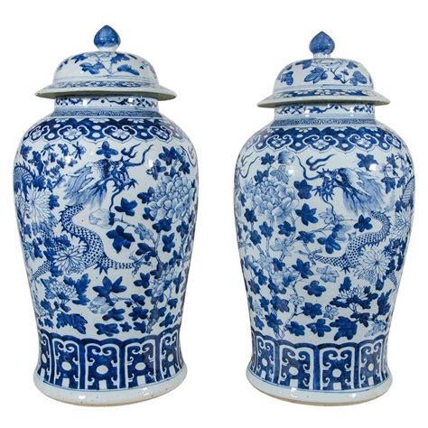 Pair Of Large Blue And White Chinese Porcelain Vases With Dragons At