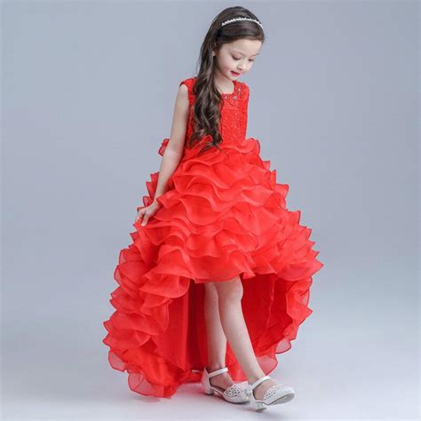 2017 Princess Bead Lace Flower Dress Children Red Mesh Trailing