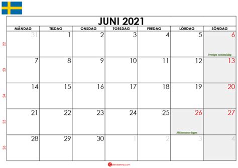 Ladda Ner Gratis Kalender Juni 2021 Sverige
