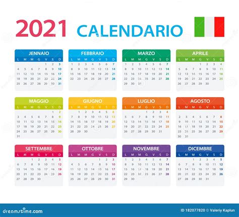 Calendario Italiano Illustrazione Vettoriale Versione Italiana 2021