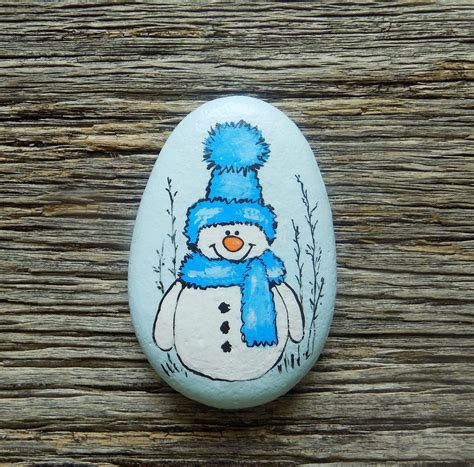 Snowman Painted Rockdecorative Accent Stone Paperweight By