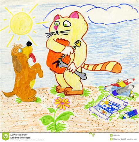 Share the best gifs now >>>. Greedy cat and naive dog stock illustration. Illustration ...