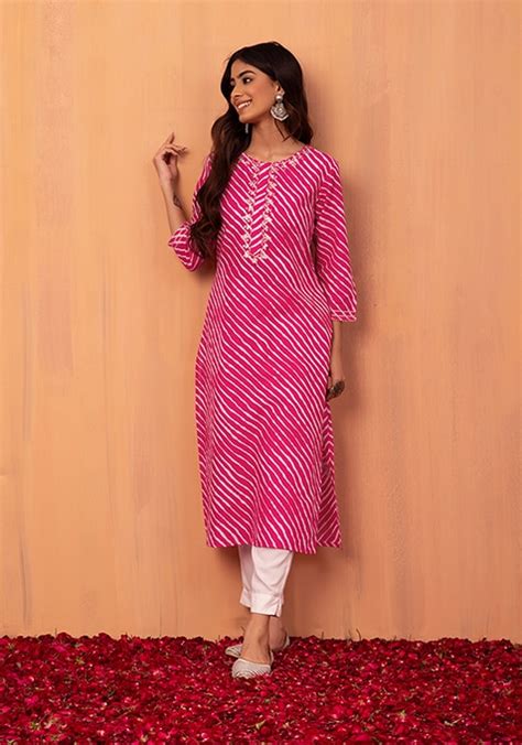 Buy Women Pink Leheriya Print Embroidered Cotton Kurta With Pants Set