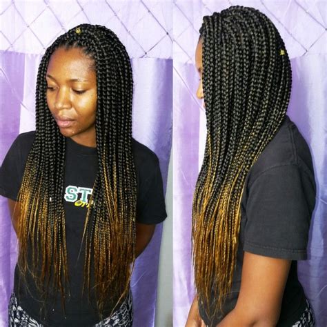 Whether your bangs are cut straight across the forehead or side swept, they will top off this. Medium sized box braids done with ombre braiding hair # ...